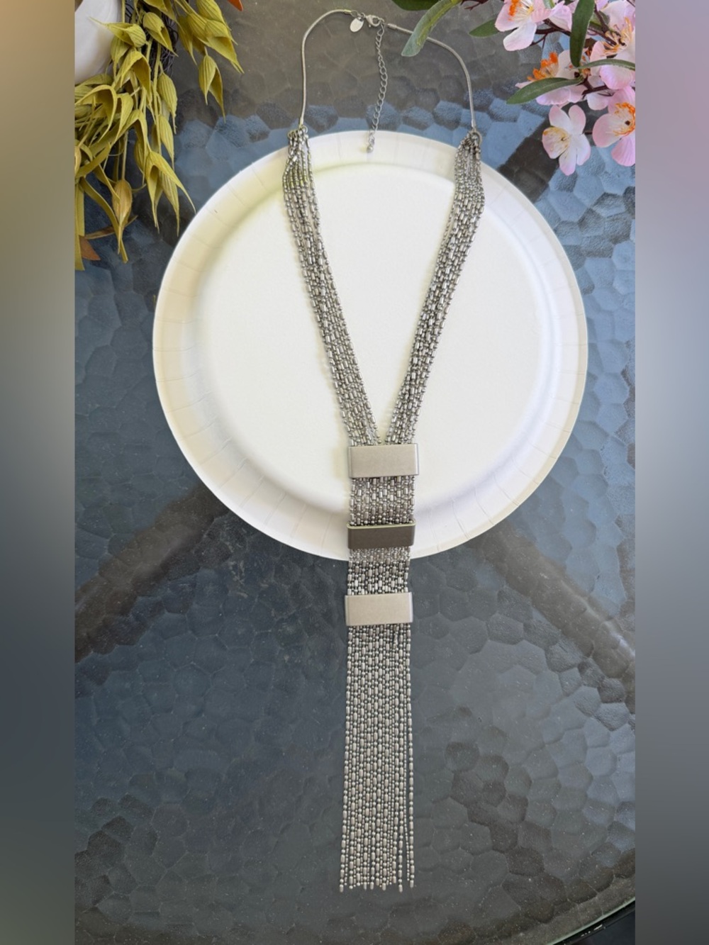 🐼 Lia Sophia Silver Multi-Strand Tassel Statement “Neck Tie” Necklace #0134